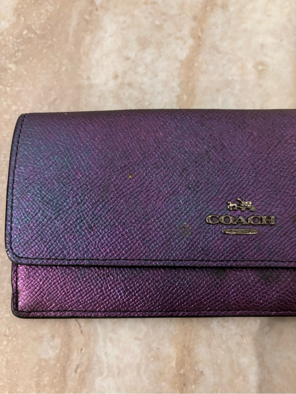 COACH Metallic oil slick Purple Leather long continental fold over snap Wallet - Picture 2 of 12